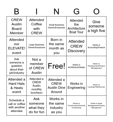 CREW Fest Networking Bingo Card