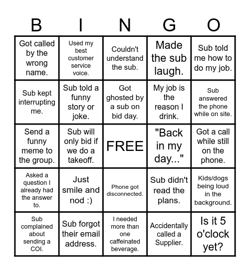 Bid Solicitor Bingo Card