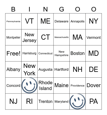 Northeast Capitals and Abbreviations Bingo Card