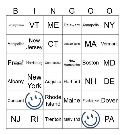 Northeast Capitals and Abbreviations Bingo Card