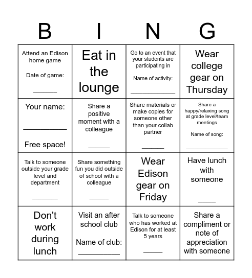 Edison Staff Bingo Card