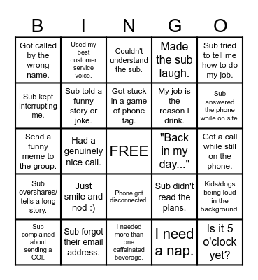 Phone Call Bingo Card