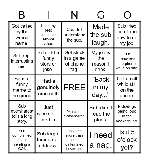 Phone Call Bingo Card