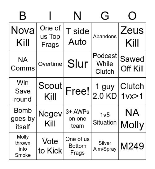 Counter Strike 2 Bingo Card