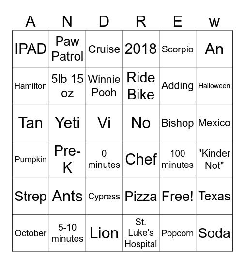 Andrew 5th Birthday Bingo Card