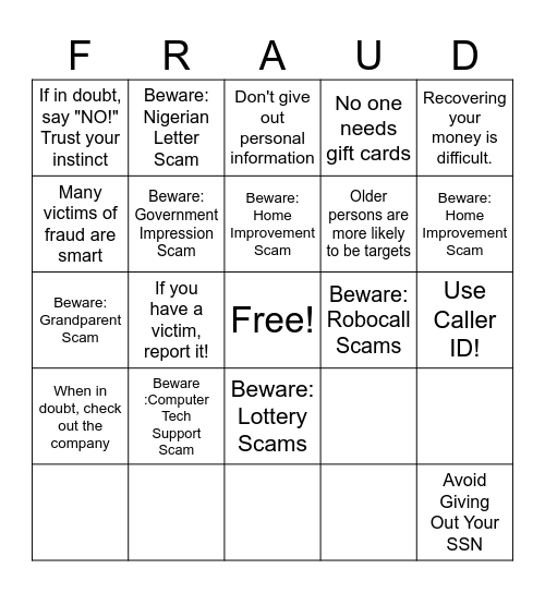 Scam School Bingo Card