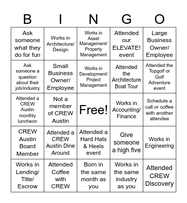CREW Fest Networking Bingo Card