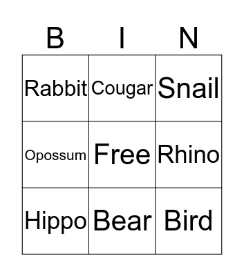 Animal homes Bingo Card