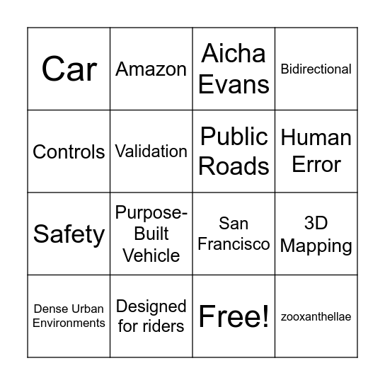 Zoox Bingo Card