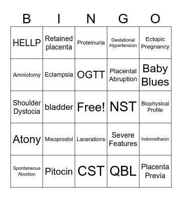 OB Complications Bingo Card