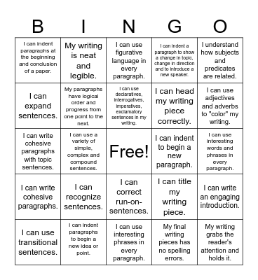 Sentences and Paragraphs Bingo Card