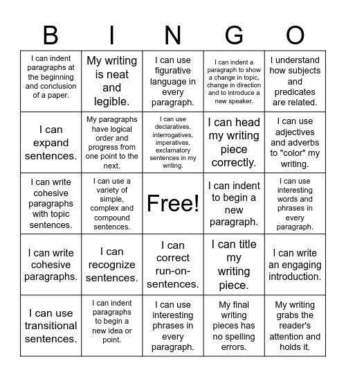 Sentences and Paragraphs Bingo Card