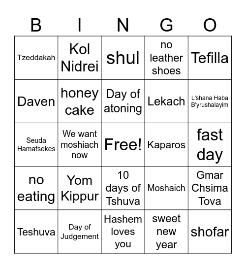 YOM KIPPUR Bingo Card