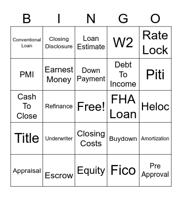 Mortgage Bingo Card