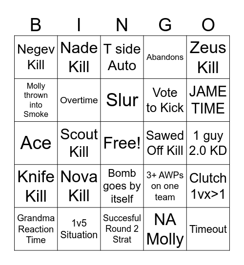 Counter Strike Prime Bingo Card