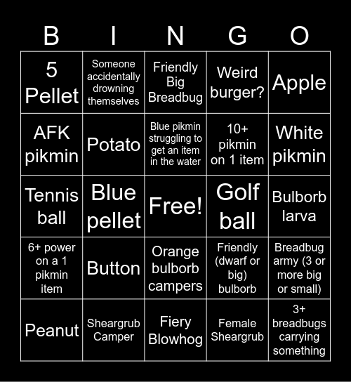 Pik-min W.I.P Bingo Card