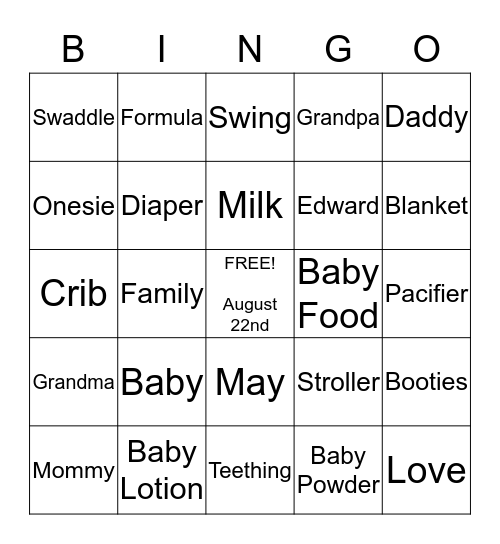 May's Baby Shower Bingo  Bingo Card