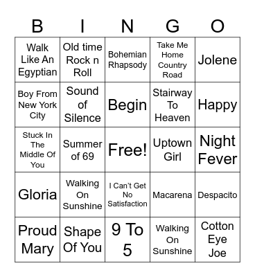 Musical Bingo Card