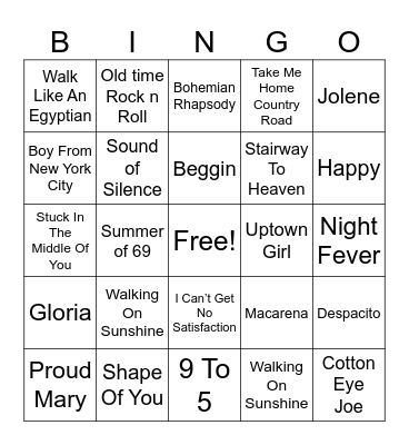 Musical Bingo Card