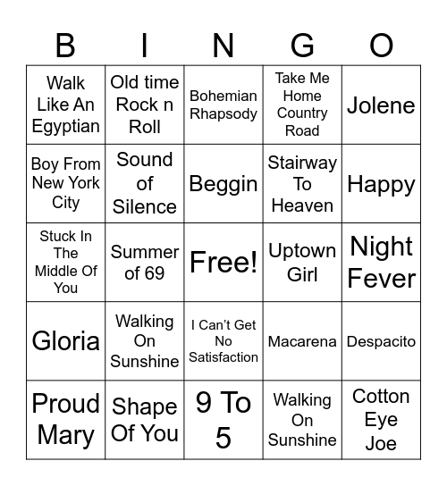 Musical Bingo Card