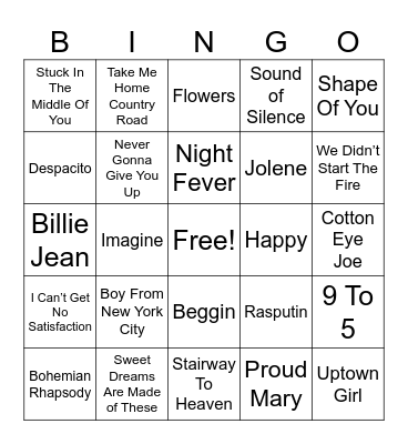 Musical Bingo Card