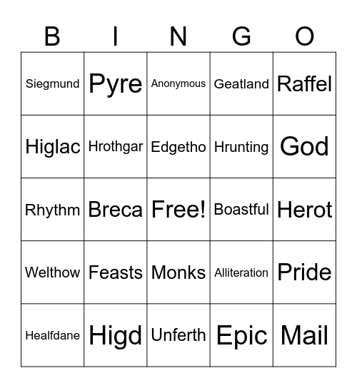 Beowulf Bingo Card