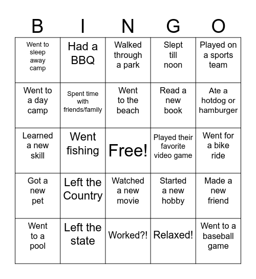 What did you do this summer?? Bingo Card