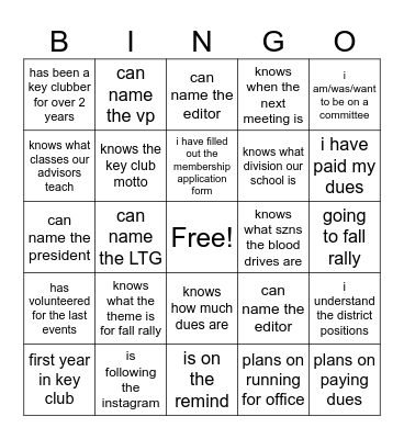 CCHS Key Club Bingo Card