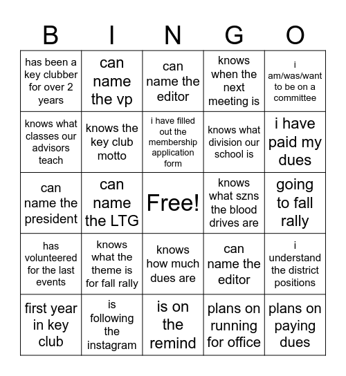 CCHS Key Club Bingo Card