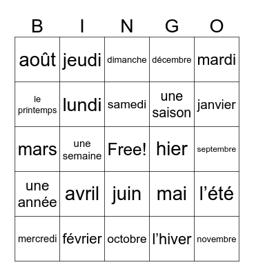 Le calendrier Bingo Card