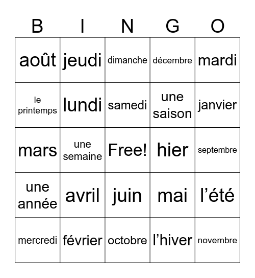 Le calendrier Bingo Card