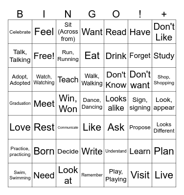ASL 1 VERBS Bingo Card