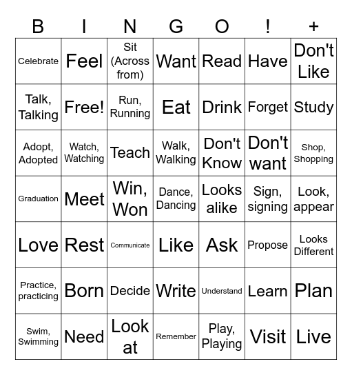 ASL 1 VERBS Bingo Card