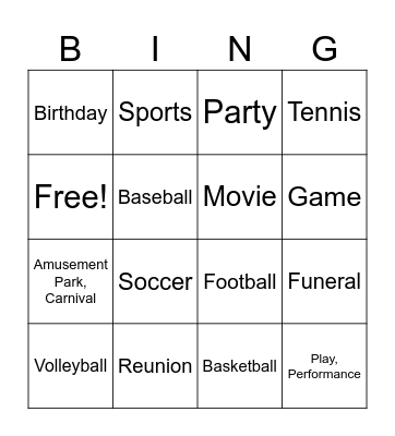 ASL 1 Events/Activities Bingo Card