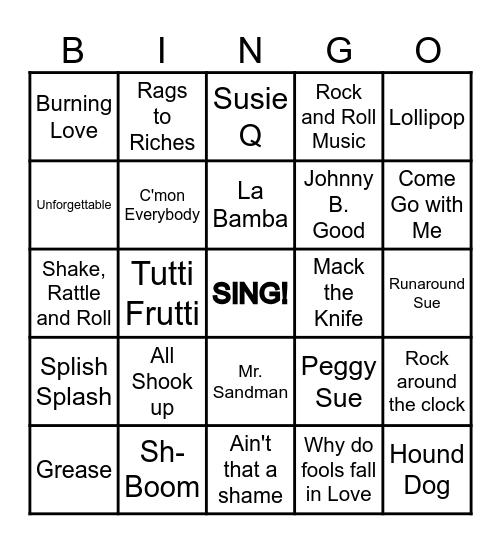 Music Bingo Oldies but Goodies Bingo Card