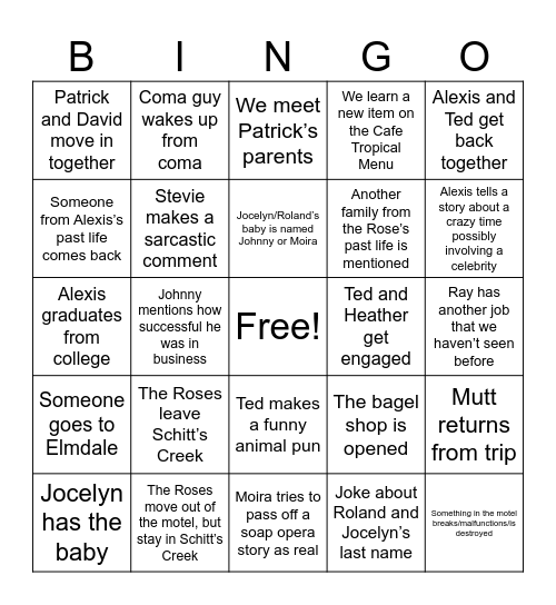 Schitt’s Creek Season 4 and Beyond Bingo Card