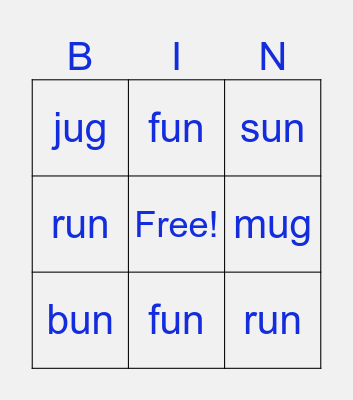 -un and -ug Words Bingo Card