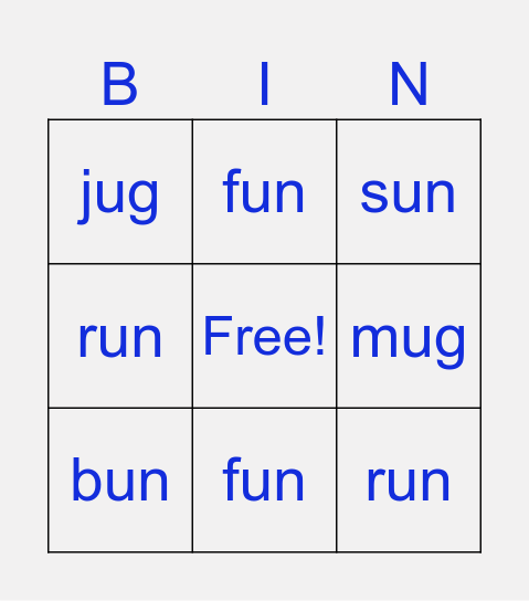 -un and -ug Words Bingo Card