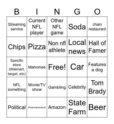NFL Commercials Bingo Card