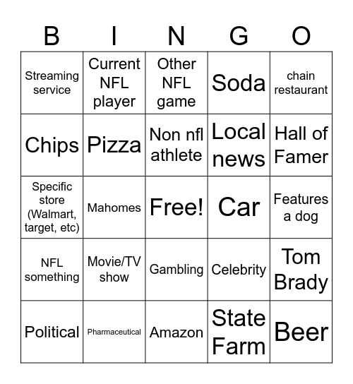 NFL Commercials Bingo Card