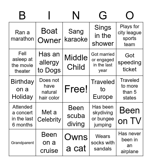 Personality Bingo Card