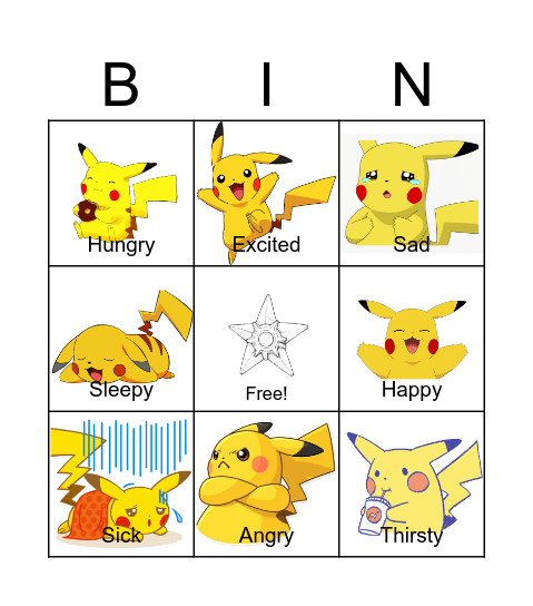 Pikachu Emotions Bingo Card