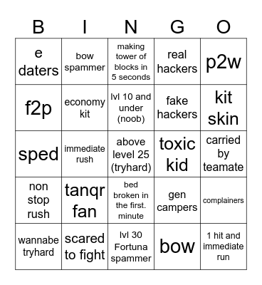 Bedwars tryhard matches be like Bingo Card