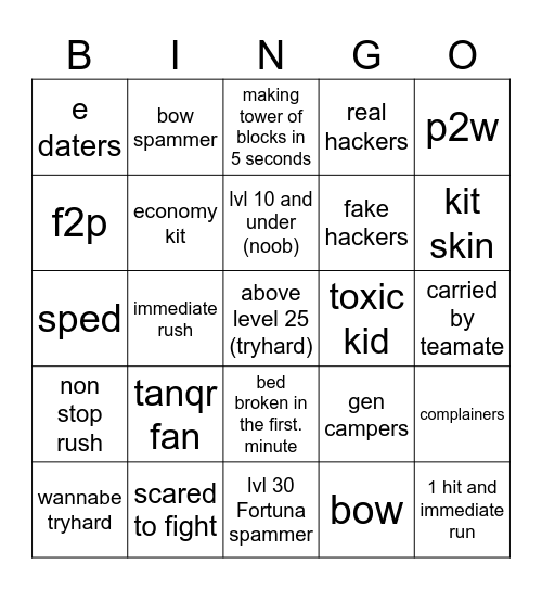 Bedwars tryhard matches be like Bingo Card