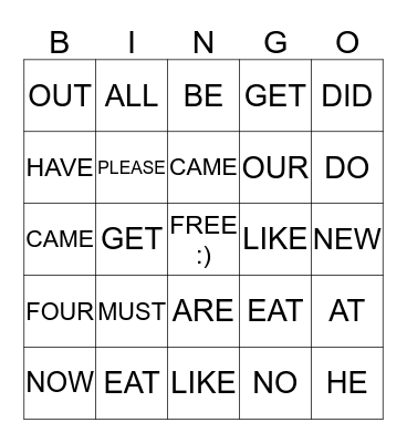SIGHT WORDS BINGO Card