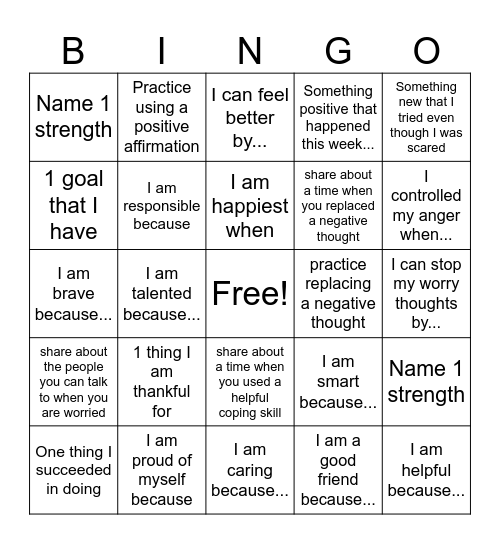 Positive Thinking Bingo Card