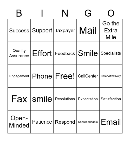 Customer Service Bingo Card