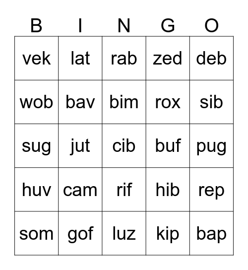 February Nonsense Words 21-45 Bingo Card