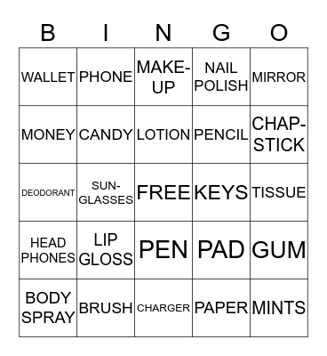 WHATS IN YOUR BAG?? Bingo Card
