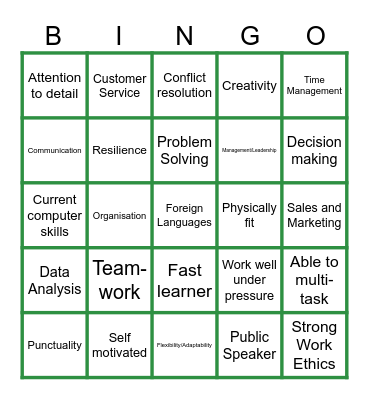 Skills Bingo Card